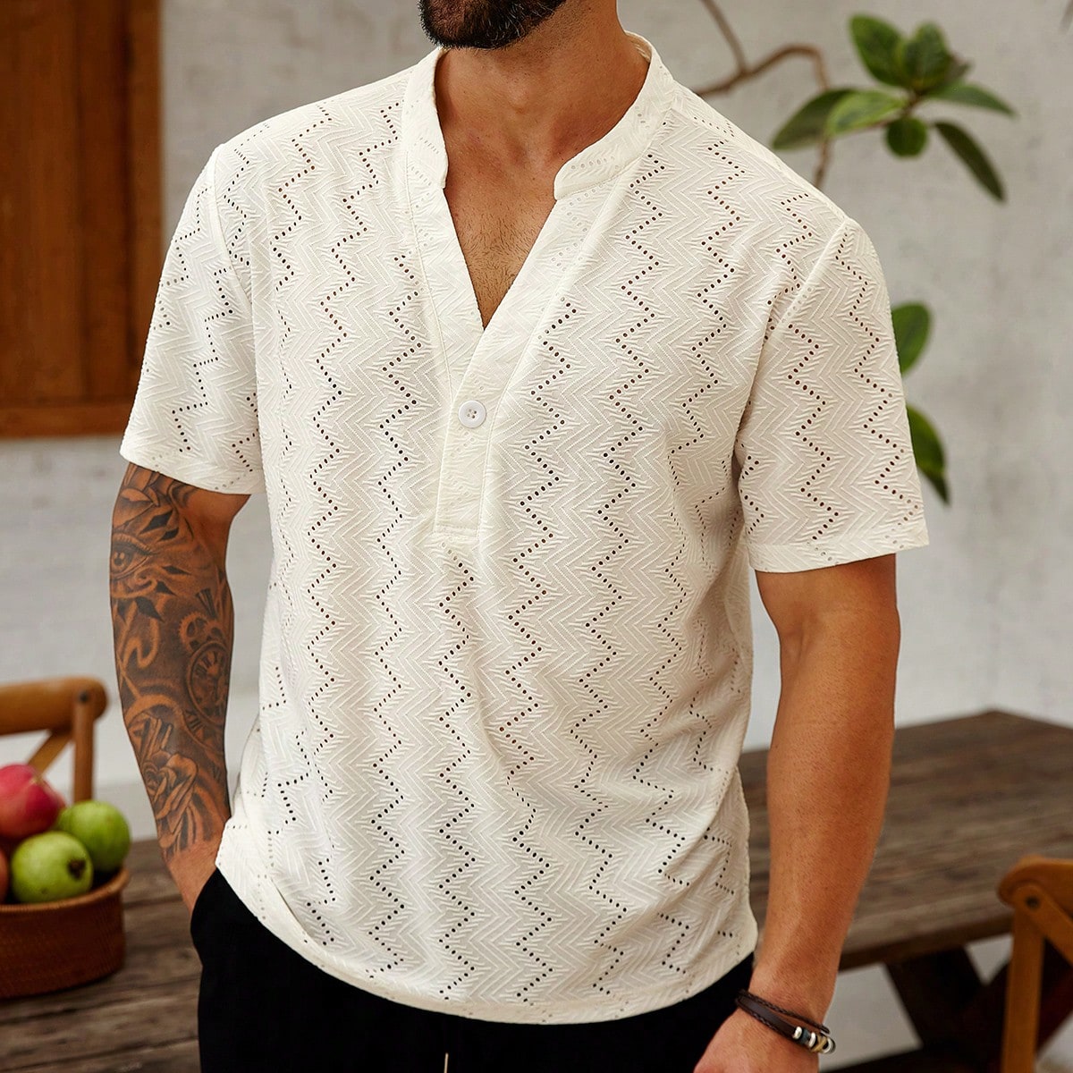 Camisa de manga corta con diseño jacquard calado para hombres de talla grande, ajuste ceñido, patrón de diamantes, blanco crema, verano, casual, re