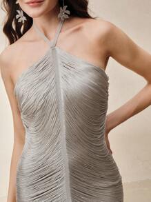 Anewsta 月光女神挂脖流苏修身迷你连衣裙，杏色性感节日派对俱乐部连衣裙 - 淺灰色 - 查看 2