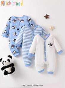 SHEIN 3pcs Baby Boy Cute Cartoon Panda Striped Print Jumpsuit Pajamas - Multicolor - View 2