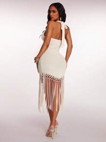 Radiana Women's Summer Boho Apricot Crochet Tasseled Hem Flowy Dress, Holiday/Beach Outfit White Fringe Dress Tassel Dress White Mesh Dress,Boho Clothes Women Crochet Cover Up Dress Summer Dress Fringe Cover Up Dress - Apricot - View 3