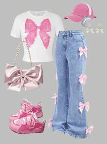 SHEIN Girlism Pantalones vaqueros con pierna acampanada de cintura alta, elásticos y desgastados al estilo Y2K para niña preadolescente, con bolsillos decorados con lazos, pantalones de estilo boho para vacaciones de verano en la playa, pantalones casuales con lazos para conciertos de verano y festivales, pantalones casuales para brunch de verano, iglesia y graduación - Lavado ligero - Ver 1