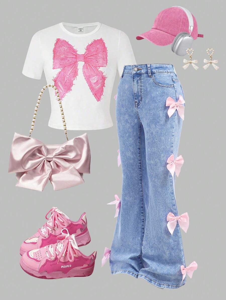 SHEIN Girlism Pantalones vaqueros con pierna acampanada de cintura alta, elásticos y desgastados al estilo Y2K para niña preadolescente, con bolsillos decorados con lazos, pantalones de estilo boho para vacaciones de verano en la playa, pantalones casuales con lazos para conciertos de verano y festivales, pantalones casuales para brunch de verano, iglesia y graduación - Lavado ligero - Ver 1