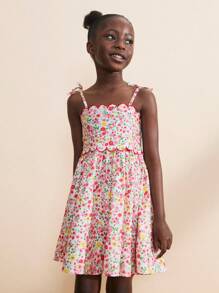 SHEIN Vestidos de niñas jóvenes con tirantes bordados con moño para vacaciones, verano - Multicolor - Ver 5