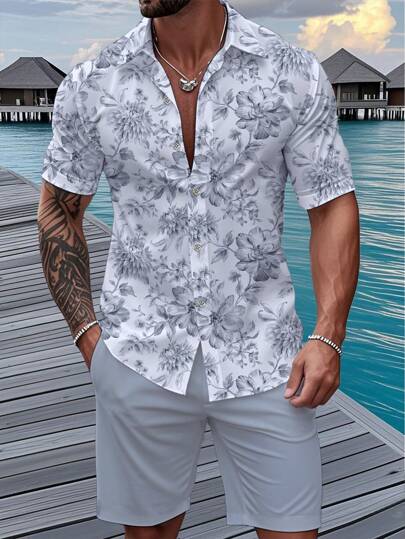 Manfinity RSRT Men's Short Sleeve Shirt And Shorts Fashion Suit, Suitable For Summer, Cozy Outfits