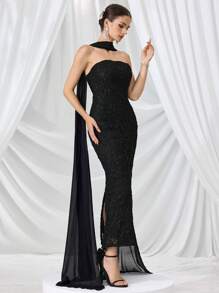 Coutiva 高级无肩带修身纯色正式礼服，高端奢华派对礼服，女士晚礼服，黑色柔软连衣裙，夏季连衣裙，蕾丝连衣裙，长裙，适合婚礼宾客、情人节等场合 - 黑色 - 查看 7