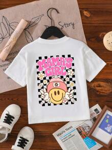 Young Girls Casual Comfy Fashionable Checkered & Letter Print Short Sleeve T-Shirt, Spring/Summer Kawaii Clothes Summer Holiday - White - View 2