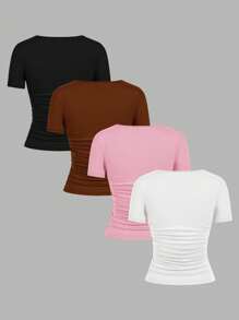 SHEIN EZwear 4 件套休闲简约纯色圆领短袖 T 恤女士，舒适合身，适合春夏季 - 彩色 - 查看 2