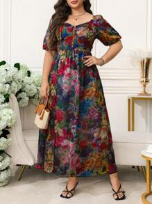 SHEIN Clasi Curve 加大码女式浪漫优雅雪纺印花泡泡袖腰 A 字长浪漫连衣裙、正式连衣裙、女士夏季连衣裙、商务休闲女装、女士生日连衣裙、女士连衣裙 - 粉色 - 查看 5