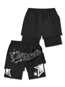 ROMWE MEN Street Life Men's Cartoon Print 2 In 1 Basketball Shorts, Suitable For Daily Wear In Spring/Summer - Black - View 1