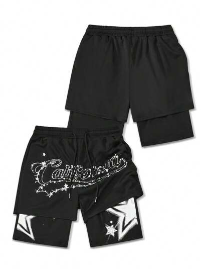 Anime شورت كرة السلة المطبوع بنمط كرتوني للرجال 2 في 1 ، مناسب للارتداء اليومي في فصل الربيع / الصيف