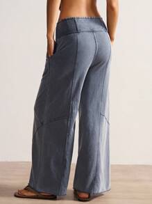 Bohemela Women's Casual Solid Color Knit Loose Wide Leg Washed Pants,Fall Women Clothes