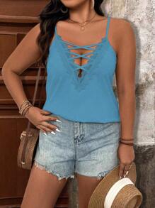 SHEIN LUNE 大码度假休闲纯色蕾丝花边镂空吊带背心