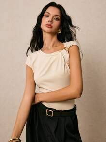 Poéselle Women's Summer Solid Color Ruched Slim Fit Fashion T-Shirt - Apricot - View 7