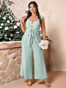 Allurite Plus Size Women Contrast Color Button Accent Ruffle Sleeve Jumpsuit, Wedding - Mint Green - View 1