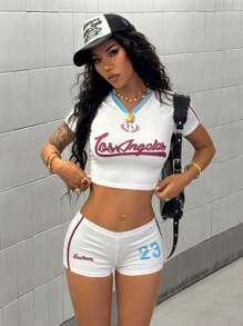 StreetHx 1 件女式白色印花 V 领 T 恤和超短裤 2 件套 - 彩色 - 查看 5