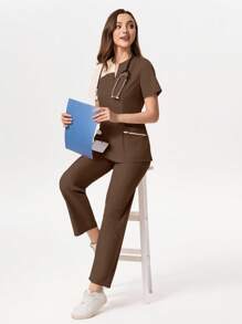TaskEZ Contrast Color Notched Neck Short Sleeve Top And Pants Scrub Uniform Set - Brown - View 7