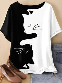 SHEIN LUNE Plus Size Women's Casual Round Neck Short Sleeve T-Shirt With Hug Cat Print Design
