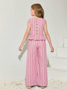 SHEIN 青少年女孩度假休闲条纹无袖上衣和直筒裤套装，时尚风格