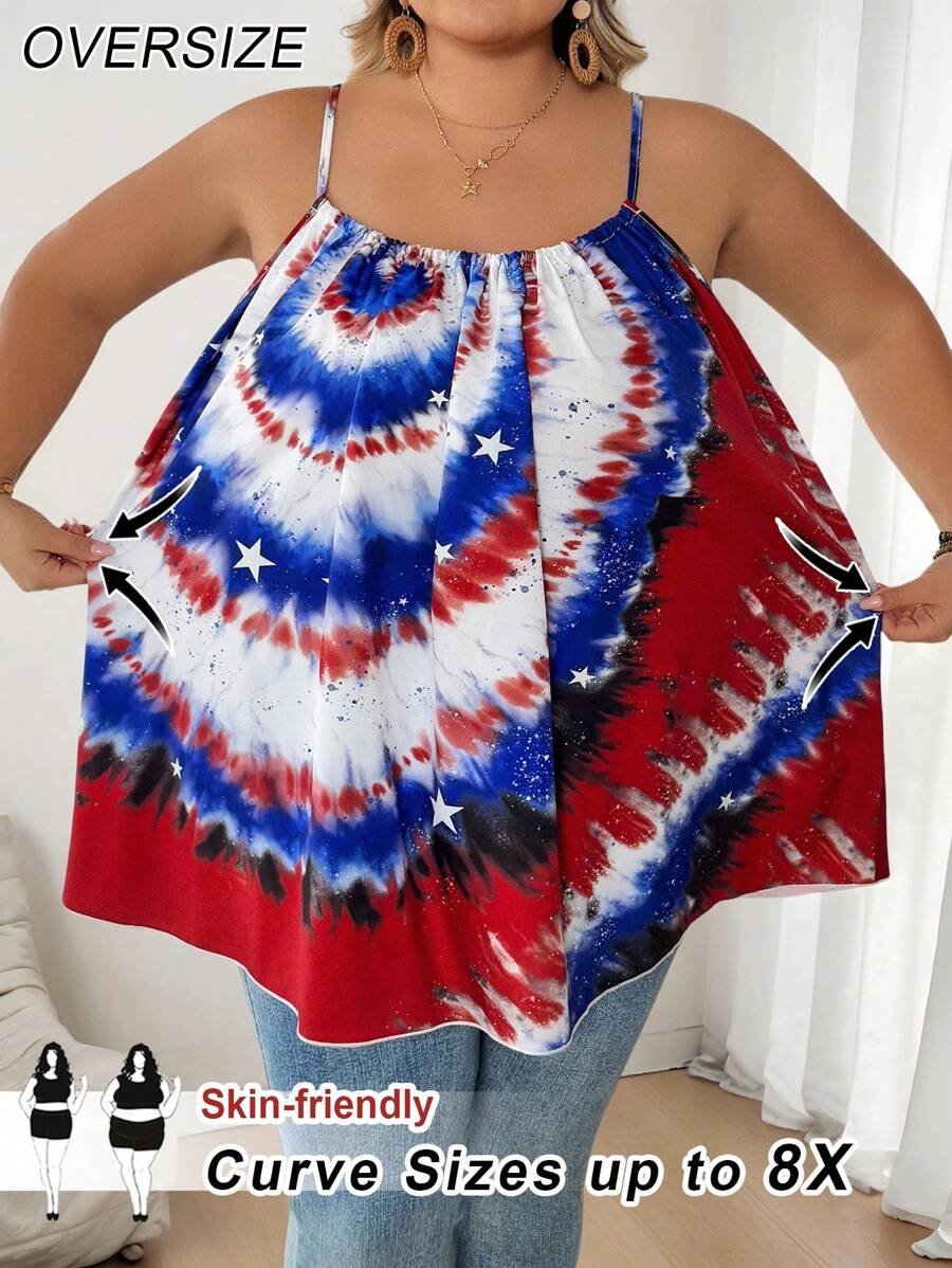 SHEIN CURVE+ 大号女士扎染印花休闲吊带背心，夏季，独立日，国旗印花，扎染印花背心，美国独立日/美国独立日 - 彩色 - 查看 1