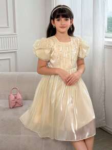 Váy trang trí đính hạt tay bồng màu trơn thanh lịch cho bé gái tuổi mới lớn - trắng - Xem 5