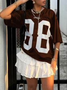 Plus Size Casual Dropped Shoulder Numeric Print Short Sleeve T-Shirt, Summer - Brown - View 4