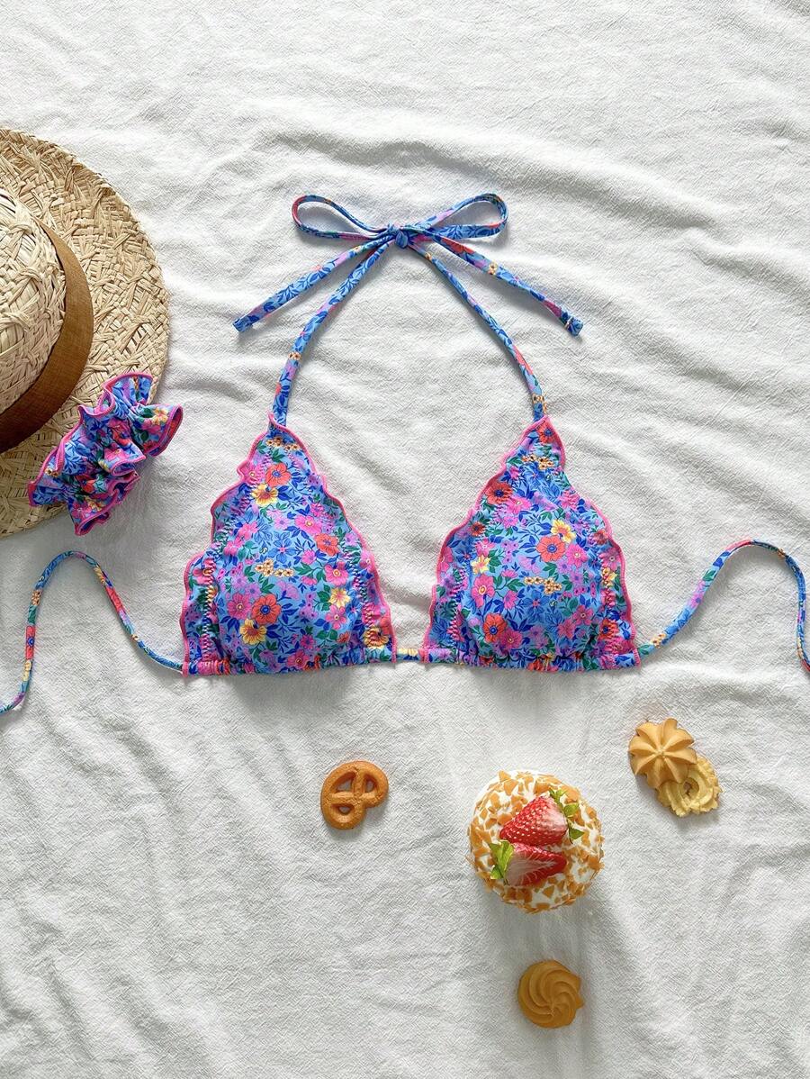 Swim Mod 女士夏季碎花荷叶边挂脖比基尼套装（含头带） - 彩色 - 查看 1