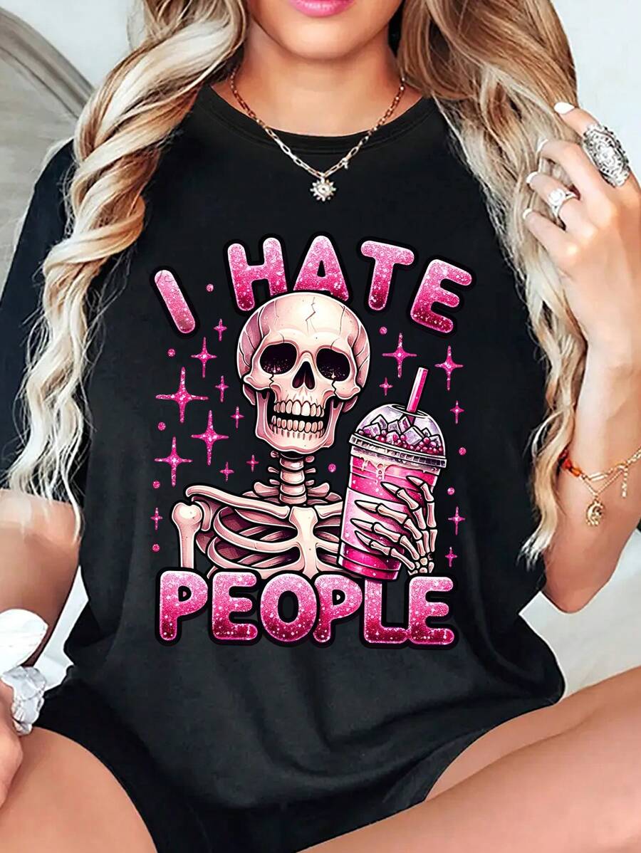 SHEIN Unity Áo thun cổ tròn mùa hè dành cho nữ in chữ tiếng Anh "I Hate People", hình đồ uống màu hồng và ngôi sao - màu đen - Xem 1