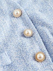 SHEIN MOD 粗花呢 V 领挂脖纯色珍珠纽扣连体裤，粉色连体衣 - 藍色 - 查看 3