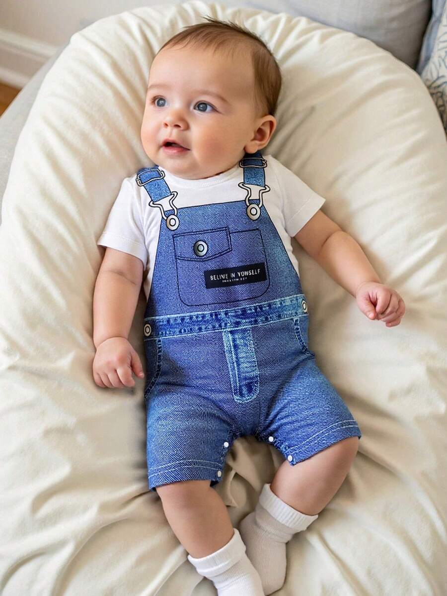 Peto informal de 2 en 1 de manga corta de punto con hombros abiertos y textura de denim para niños pequeños y bebés, prendas infantiles, ropa de bebé, mamelucos, adecuado para fiestas, deportes y salidas diarias, verano