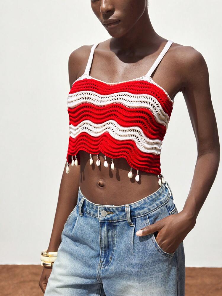 SHEIN Maija 2025 Summer New Red & White Contrast Wave Crochet Hem Shell Tassel Design Ladies Vest Top, Elegant For Commuting, Daily, Romantic, Casual, Beach, Party, Wedding Guest, Music Festival, Independence Day, Graduation