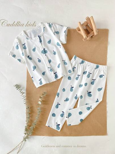 Baby Girls' Soft Comfortable Flame Retardant Fabric White Base With Cute Fresh Green Pear Print Round Neck Short Sleeve Cardigan And Pants 2 Pieces Loungewear Set