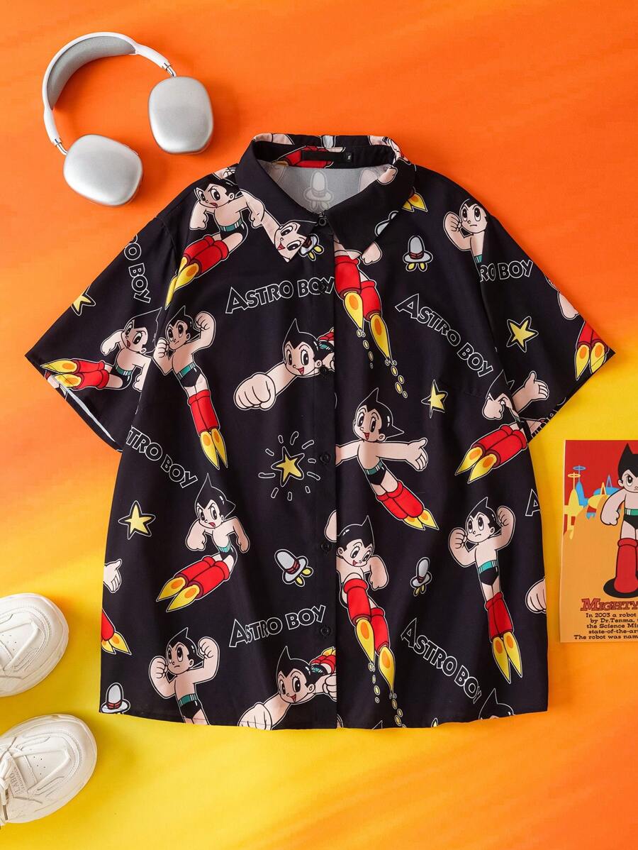 Astro Boy X SHEIN Plus Size Women Casual Loose Fit Star & Rocket Cartoon Pattern Black Blouse For Summer - Black - View 1