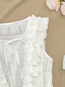 SHEIN 法式甜美夏日设计时尚无袖荷叶边衬衫 - 白色 - 查看 6