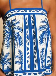 Travachic 黑白花卉印花植物印花休闲度假吊带背心，夏季，夏季，沙滩装，春夏，复活节，海滩，春假，度假，音乐会女士，波西米亚风，波西米亚风，音乐节，热带度假女士，7 月 4 日，假日 - 藍白色 - 查看 4