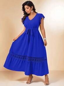 Cravure Plus Size Solid Color Lace Patchwork Ruffle Hem Dress For Summer Maxi Women Outfit Wedding