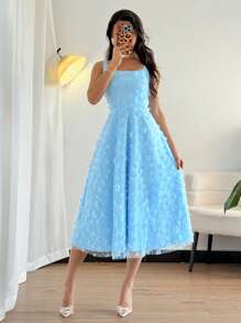 Rafferiza Đầm dự tiệc ngày lễ hàng ngày thời trang và thanh lịch, cổ chữ U, eo cao, không tay, dáng chữ A, thêu lưới ba chiều, hoa màu xanh lam, dành cho nữ, váy dài vừa phải, mùa xuân và mùa hè, váy dự tiệc cho nữ - Màu xanh nhạt - Xem 3