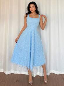 Rafferiza Đầm dự tiệc ngày lễ hàng ngày thời trang và thanh lịch, cổ chữ U, eo cao, không tay, dáng chữ A, thêu lưới ba chiều, hoa màu xanh lam, dành cho nữ, váy dài vừa phải, mùa xuân và mùa hè, váy dự tiệc cho nữ - Màu xanh nhạt - Xem 5