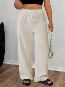 SHEIN PETITE Pantalones rectos informales sueltos de unicolor con cordón en la cintura para mujer talla grande