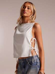 SHEIN Forever 21 女士纯色无袖衬衫，带蝴蝶结装饰，适合夏季 - 白色 - 查看 4
