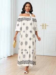 SHEIN Unity Vestido con estampado retro, hombros descubiertos y volantes para vacaciones para mujeres - Albaricoque - Ver 6