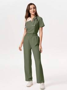 TaskEZ Color-Blocking Scrubs Set Consisting Of Short Sleeve Top And Pants, For /Healthcare Staff, Workout Clothes Women Scrub Sets For Women Scrubs Scrub Set Nurse Scrub Sets Women - Army Green - View 6