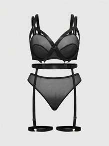 ROMWE Goth Conjunto de lencería sexy de sujetador con aro de malla transparente, tanga y liguero en talla grande con estilo gótico