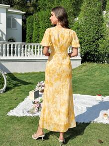 Modelyn Vestido amarillo de mujer con impresión floral, diseño de parche, volantes y mangas abullonadas, perfecto para vacaciones - Amarillo - Ver 2
