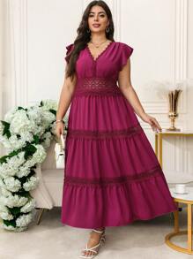SHEIN Clasi Curve 加大码女式浪漫优雅正式玫红色 V 领蕾丝边装饰荷叶边小帽袖腰 A 字长裙，女士夏季连衣裙，女士生日连衣裙 - 中紫紅色 - 查看 6
