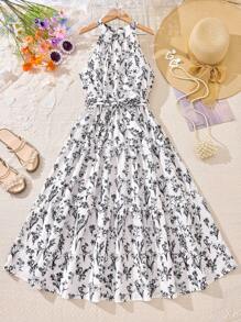 1件少女优雅休闲碎花无袖吊带连衣裙 - 彩色 - 查看 3