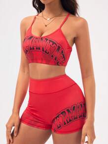 Gameset SHEIN Sport Flame Print Fitted Camisole Shorts Activewear Set, Casual Athleisure Gym Wear Gym Red Summer - Red - View 4