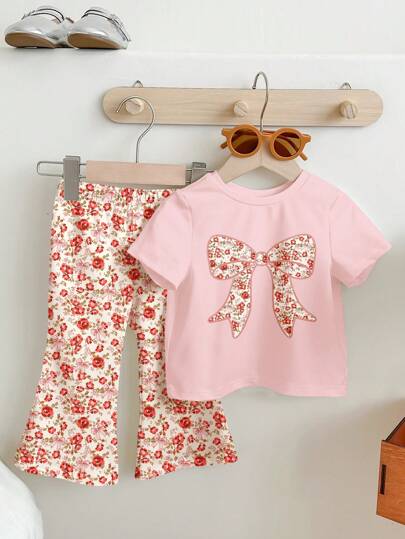 SHEIN Sött Boho-Stil, Snyggt Blommigt Rosett Babyflicka Casual Minimalistisk Ljusrosa Kortärmad Rund Halsad T-shirt & Utsvängda Byxor Set, Lämpligt För Vår/Sommar
