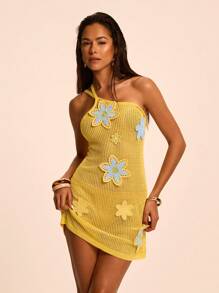 SHEIN BAE Women's Asymmetrical Neck Sleeveless Floral Patchwork Knitted Sexy Dress - Multicolor - View 3