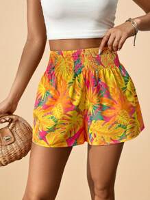 Travachic 海滩女士热带印花褶皱腰短裤