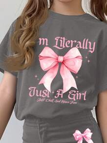 SHEIN Leap Crew 2 件套青少年女孩休闲简约短袖上衣和长裤套装，适合夏季